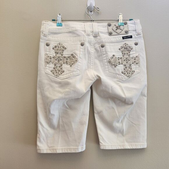 Vtg Y2k Miss Me White Bermuda Shorts Low Rise Embellished Cross Rhinestone Jorts - Picture 1 of 9